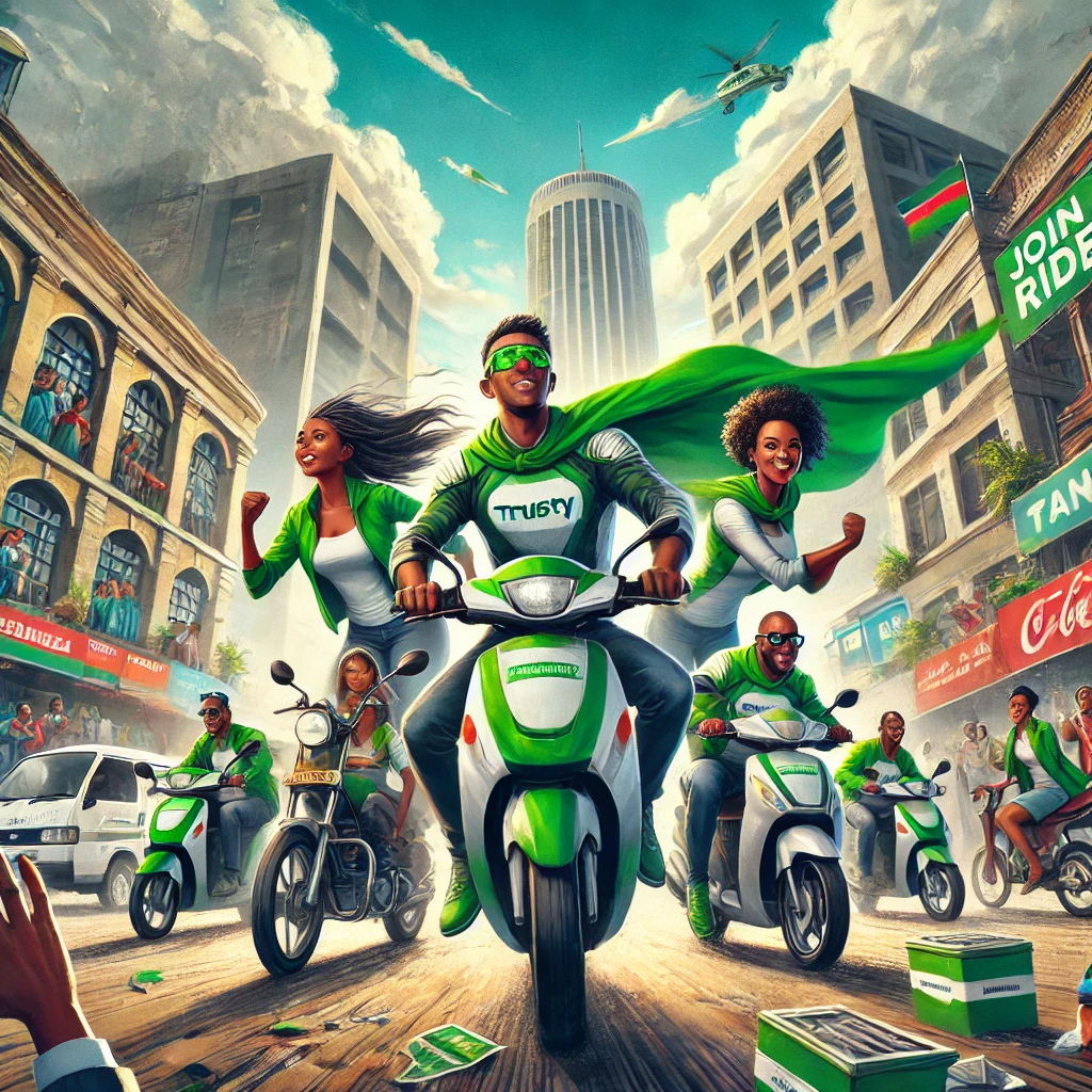 DALL·E 2024-07-23 01.12.56 - An energetic scene showing a group of TrustyRides superheroes, both men and women, with green capes, riding motorbikes and driving cars through a live