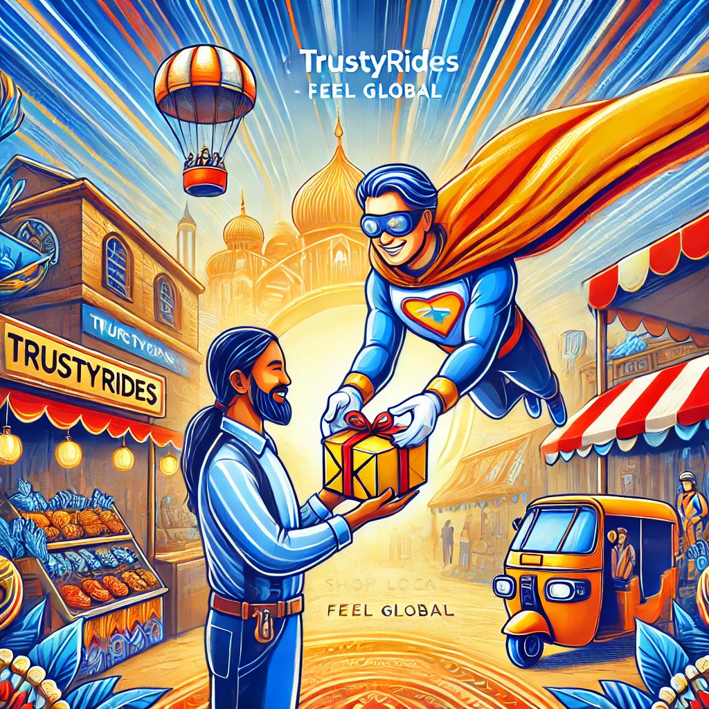 DALL·E 2024-07-23 01.13.25 - A vibrant scene showing a TrustyRides service provider and a customer in a lively marketplace. The service provider, a superhero with a cape, is handi