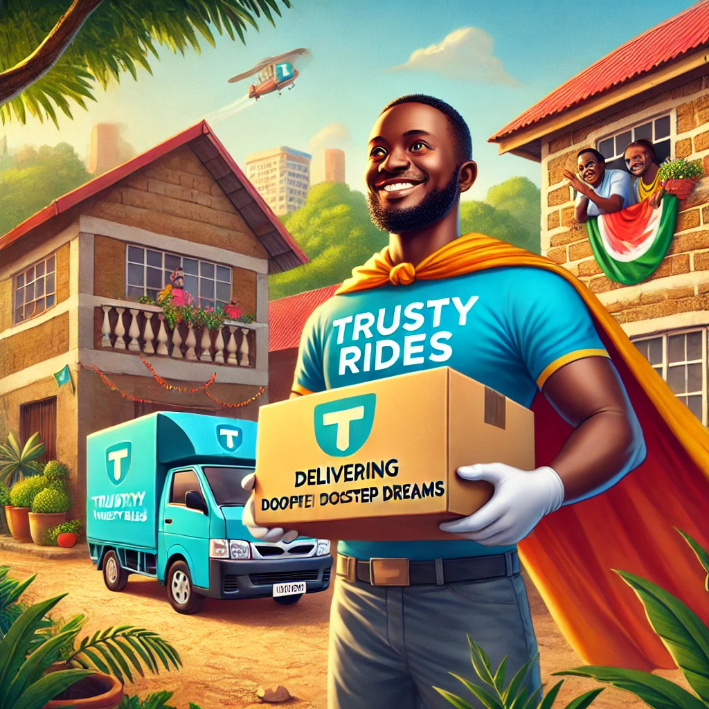 DALL·E 2024-07-23 01.13.36 - A heartwarming scene showing a TrustyRides service provider as a superhero with a cape, delivering a package to a doorstep. The provider has a friendl